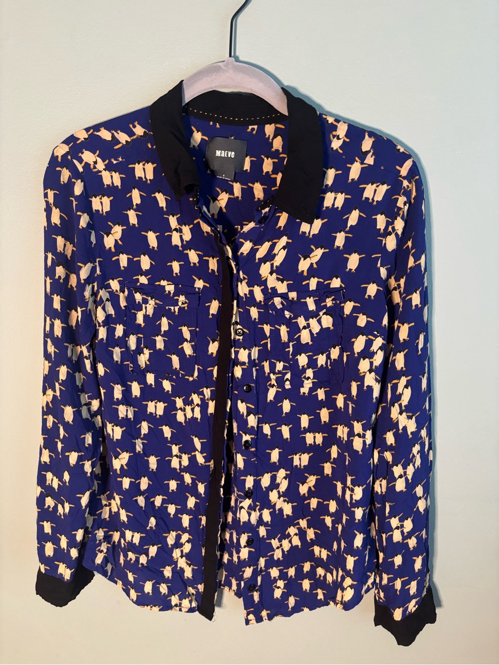Maeve Anthropologie Blue Penguin Whimsical Print Long Sleeve Size 4